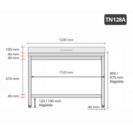 Table inox 1200 x 800 mm adossée / GOLDINOX