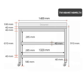 Table inox 1400 x 800 mm adossée avec 2 étagères sur roulettes / GOLDINOX