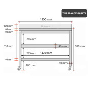 Table inox 1500 x 800 mm adossée avec 2 étagères sur roulettes / GOLDINOX