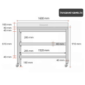 Table inox 1600 x 800 mm adossée avec 2 étagères sur roulettes / GOLDINOX