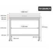 Table inox 1200 x 800 mm adossée sur roulettes / GOLDINOX