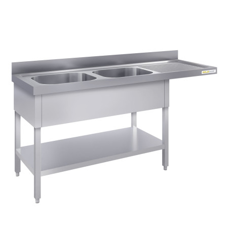 Plonge lave-vaisselle inox 2 bacs - 1600 x 600 mm égouttoir droit ECO / GOLDINOX