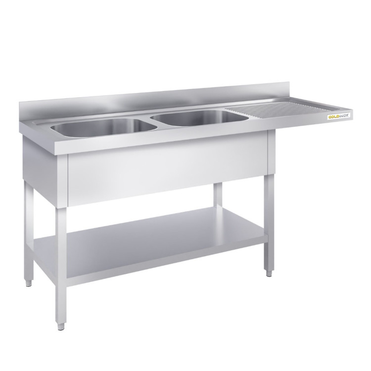 Plonge lave-vaisselle inox 2 bacs - 2000 x 600 mm égouttoir droite PREMIUM / GOLDINOX