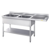 Plonge lave-vaisselle inox 2 bacs - 2000 x 700 mm égouttoir droite PREMIUM / GOLDINOX