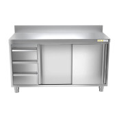 Meuble bas inox 1400 x 600 mm adossée avec 3 tiroirs gauche PREMIUM / GOLDINOX