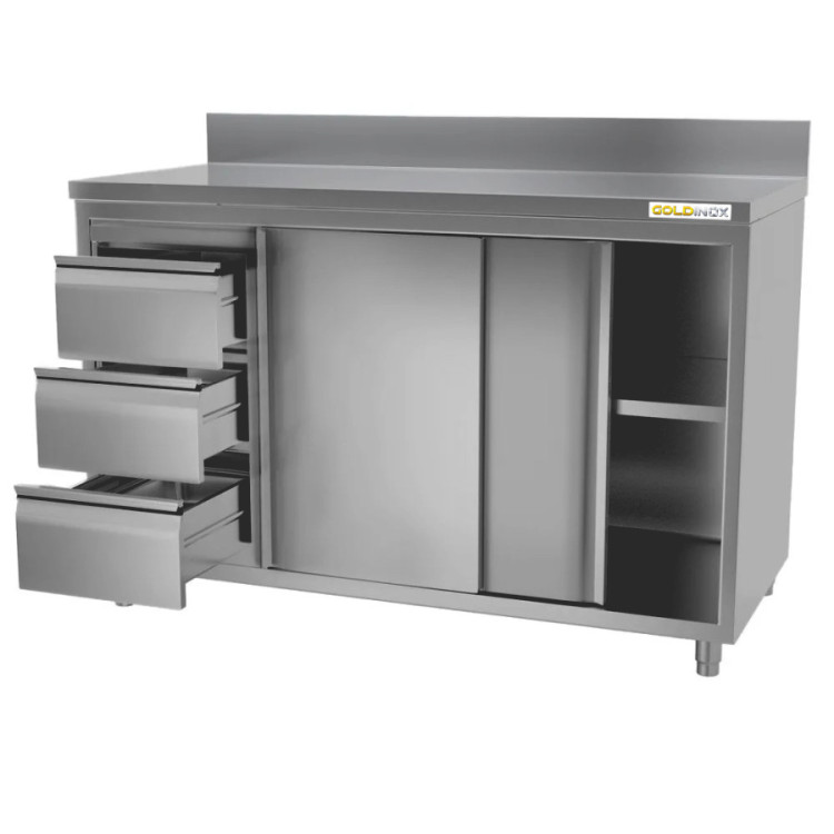 Meuble bas inox 1400 x 600 mm adossée avec 3 tiroirs gauche ECO / GOLDINOX