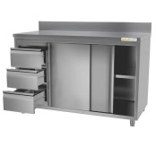 Meuble bas inox 1800 x 600 mm adossée avec 3 tiroirs gauche ECO / GOLDINOX