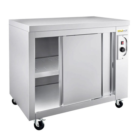 Meuble bas inox chauffant 1000 x 600 mm sur roulettes PREMIUM / GOLDINOX