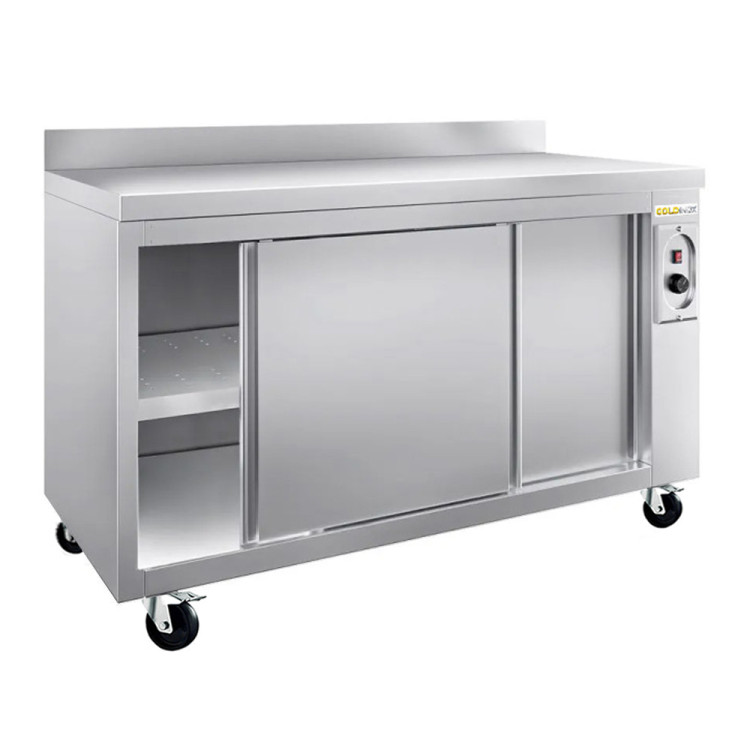 Meuble bas inox chauffant 1400 x 600 mm adossé sur roulettes PREMIUM / GOLDINOX