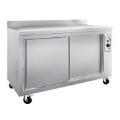 Meuble bas inox chauffant 1400 x 600 mm adossé sur roulettes PREMIUM / GOLDINOX