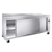 Meuble bas inox chauffant 1800 x 600 mm adossé sur roulettes PREMIUM / GOLDINOX