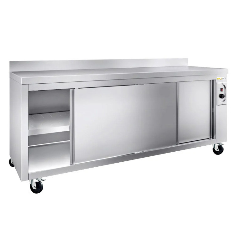 Meuble bas inox chauffant 1800 x 600 mm adossé sur roulettes PREMIUM / GOLDINOX