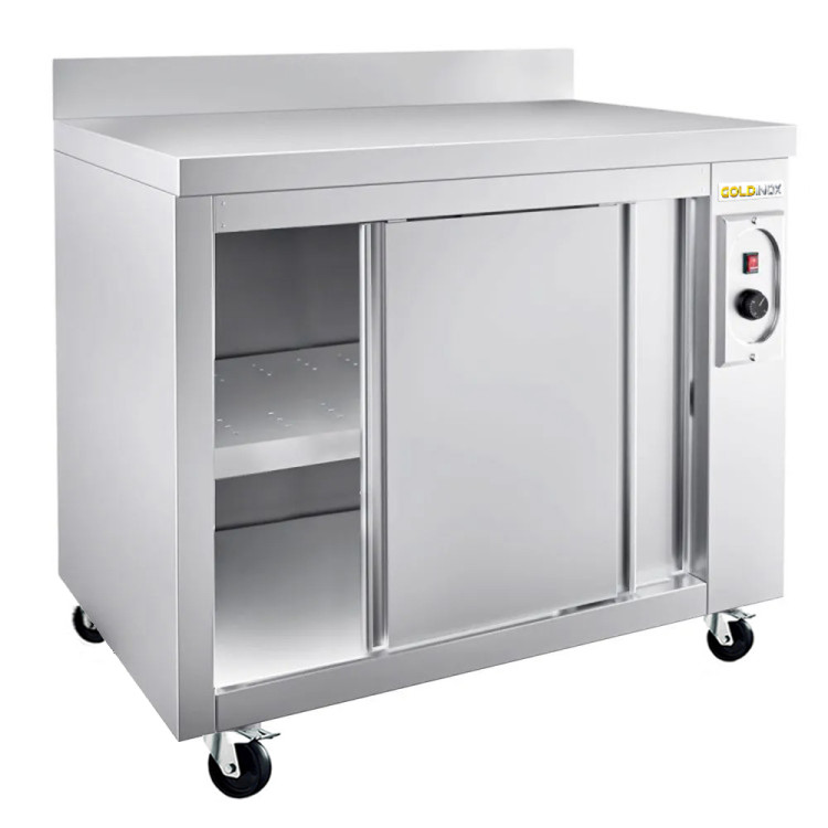 Meuble bas inox chauffant 1200 x 700 mm adossé sur roulettes PREMIUM / GOLDINOX