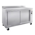 Meuble bas inox chauffant 1400 x 700 mm adossé sur roulettes PREMIUM / GOLDINOX