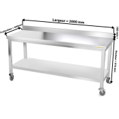 Table inox 2000 x 600 mm adossée sur roulettes PREMIUM / GOLDINOX