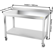 Table inox 1600 x 600 mm adossée sur roulettes PREMIUM / GOLDINOX