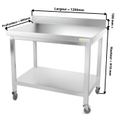Table inox 1200 x 600 mm adossée sur roulettes PREMIUM / GOLDINOX