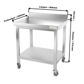 Table inox 600 x 600 mm adossée sur roulettes PREMIUM / GOLDINOX