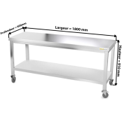 Table inox 2000 x 600 mm sur roulettes PREMIUM / GOLDINOX