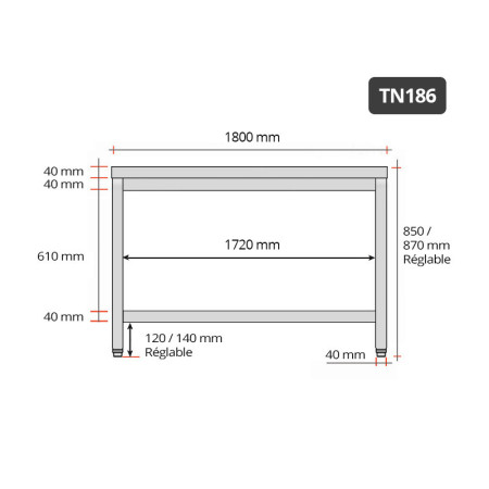 Table de travail en inox 1800 x 600 mm IDEAL / GOLDINOX