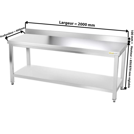 Table inox 2000 x 600 mm adossée PREMIUM / GOLDINOX