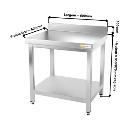 Table de travail en inox 600 x 600 mm adossée IDEAL / GOLDINOX