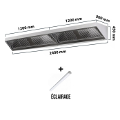 Hotte murale sans moteur 2400 x 900 x 400 mm avec éclairage, filtre et robinet de vidange PREMIUM / GOLDINOX