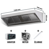 Hotte murale avec moteur 1500 x 700 x 450 mm avec variateur, éclairage, filtre et robinet de vidange PREMIUM / GOLDINOX