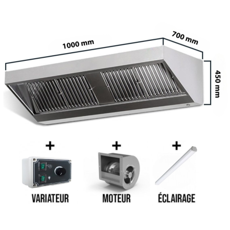 Hotte murale avec moteur 1000 x 700 x 450 mm avec variateur, éclairage, filtre et robinet de vidange PREMIUM / GOLDINOX
