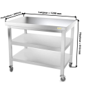 Table inox 1200 x 600 mm avec 2 étagères sur roulettes / GOLDINOX