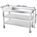Table inox 1400 x 600 mm avec 2 étagères sur roulettes / GOLDINOX