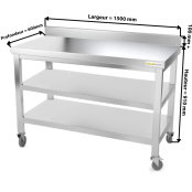 Table inox 1500 x 600 mm adossée avec 2 étagères sur roulettes / GOLDINOX