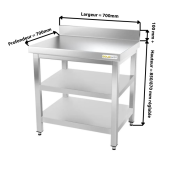 Table inox 700 x 700 mm adossée avec 2 étagères / GOLDINOX