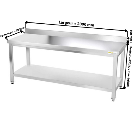 Table inox 2000 x 500 mm adossée / GOLDINOX