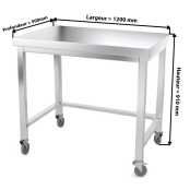 Table inox 1200 x 500 mm avec renfort sur roulettes / GOLDINOX