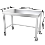 Table inox 1600 x 500 mm avec renfort sur roulettes / GOLDINOX
