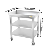 Table inox 500 x 500 mm avec 2 étagères sur roulettes / GOLDINOX