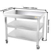 Table inox 1200 x 500 mm avec 2 étagères sur roulettes / GOLDINOX