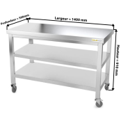 Table inox 1400 x 500 mm avec 2 étagères sur roulettes / GOLDINOX
