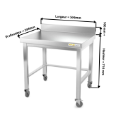Table inox soubassement 500 x 500 mm adossée avec renfort sur roulettes / GOLDINOX