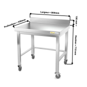 Table inox soubassement 800 x 500 mm adossée avec renfort sur roulettes / GOLDINOX