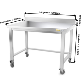 Table inox soubassement 1200 x 500 mm adossée avec renfort sur roulettes / GOLDINOX