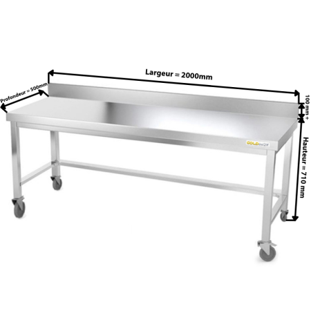 Table de travail en inox soubassement 2000 x 500 mm adossée avec renfort sur roulettes PREMIUM - GOLDINOX