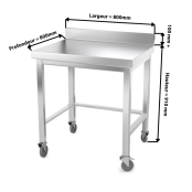 Table inox 800 x 800 mm adossée avec renfort sur roulettes / GOLDINOX