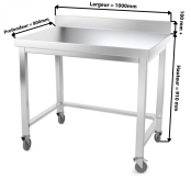 Table inox 1000 x 800 mm adossée avec renfort sur roulettes / GOLDINOX