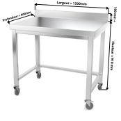 Table inox 1200 x 800 mm adossée avec renfort sur roulettes / GOLDINOX