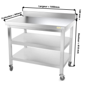 Table inox 1000 x 800 mm adossée avec 2 étagères sur roulettes / GOLDINOX