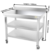Table inox 1200 x 800 mm adossée avec 2 étagères sur roulettes / GOLDINOX