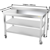 Table inox 1600 x 800 mm adossée avec 2 étagères sur roulettes / GOLDINOX