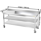 Table inox 1800 x 800 mm adossée avec 2 étagères sur roulettes / GOLDINOX